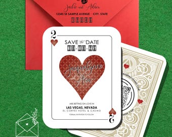 May include: A red and white playing card save the date announcement for a wedding. The card features a red heart with a geometric pattern and the text "Jacqualyne and Asa" in cursive. The date "10.10.25" is printed in black. The text "Save the Date" is printed in black above the heart. The text "Are betting on love in Las Vegas, Nevada El Cortez Hotel & Casino Formal invitation to follow" is printed in black below the heart.