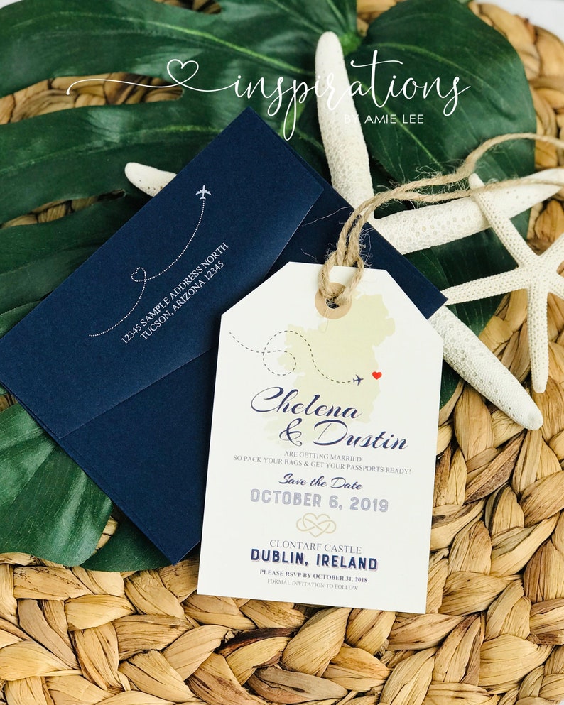 Save the Date Luggage Tags destination wedding Ireland, save the date Map Invitations Beach Wedding luggage tags