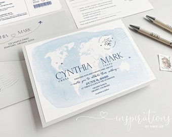 Travel Map Wedding Invitations, World Map Invitations, Travel Theme Wedding, Destination Wedding, International Wedding, World Travel