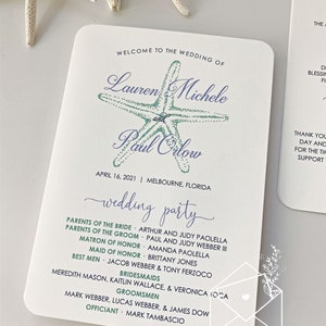 May include: A wedding announcement with a starfish design. The announcement is for Lauren Michele and Paul Orlow. The wedding is on April 16, 2021 in Melbourne, Florida. The wedding party is listed below the couple's names.