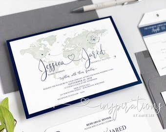 Watercolor World Map Wedding Invitations: Travel Theme Destination Wedding