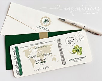 Boarding Pass Wedding Invitations, Destination Wedding, Airplane Ticket, Travel Theme, Irish Wedding, Ireland, Plane Ticket Invitation