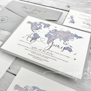 Travel Map Wedding Invitations, World Map Invitations, Travel Theme Wedding, Destination wedding, Map Invitations image 1