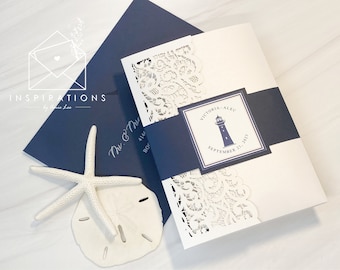 Laser Cut Wedding Invitations, Elegant Beach Wedding, Classic Invitation Design, Pocket Invitations, Beach Wedding, Formal Wedding Invite