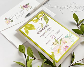 Elegant Floral Wedding Invitations, Botanical Garden Greens Wedding, Fresh Flower Wedding Invitations, Outdoor Summer Wedding