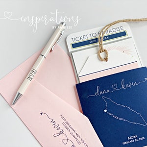 Boarding Pass Invitations, Destination Wedding, Wedding Invitations, Airplane Ticket, Travel Theme,Aruba, Navy Blue, Blush Pink