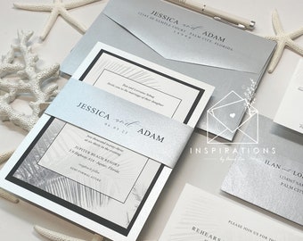 Elegant Beach Wedding Invitations, Silver, White, Black, Palms, Classic Invitations, Florida Wedding, Wedding Invitations