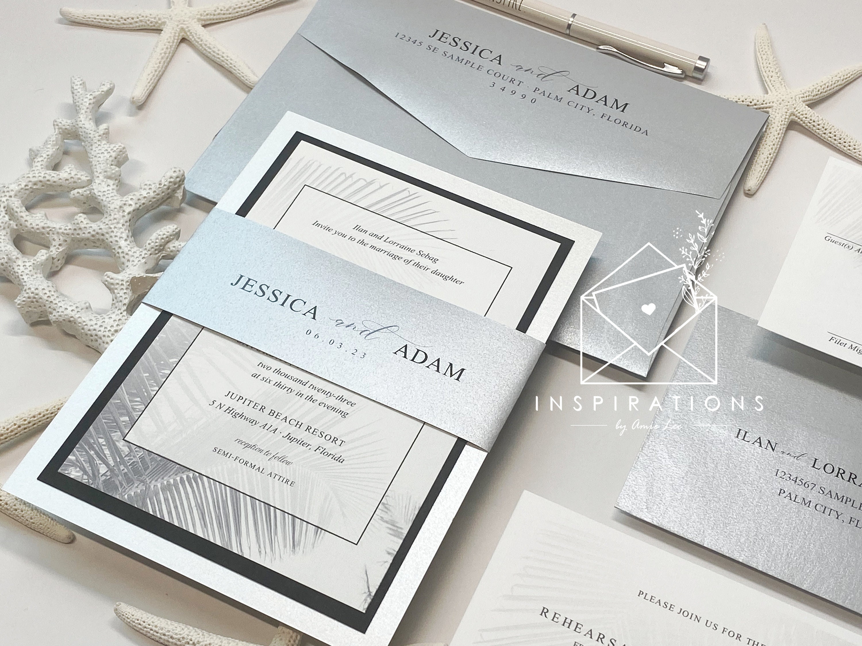 Elegant Beach Wedding Invitations, Silver, White, Black, Palms, Classic Invitations, Florida Wedding, Wedding Invitations