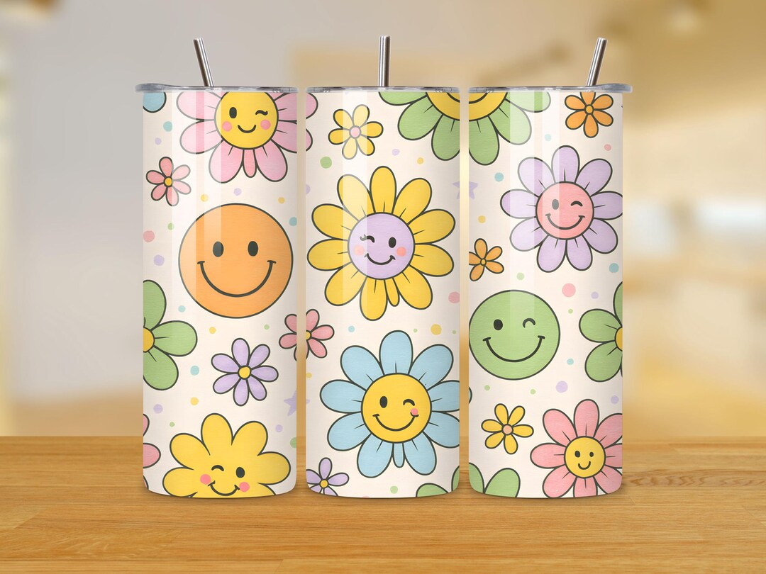 Retro Daisy Smiley Face Tumbler Wrap | 20oz Skinny Sublimation Design ...