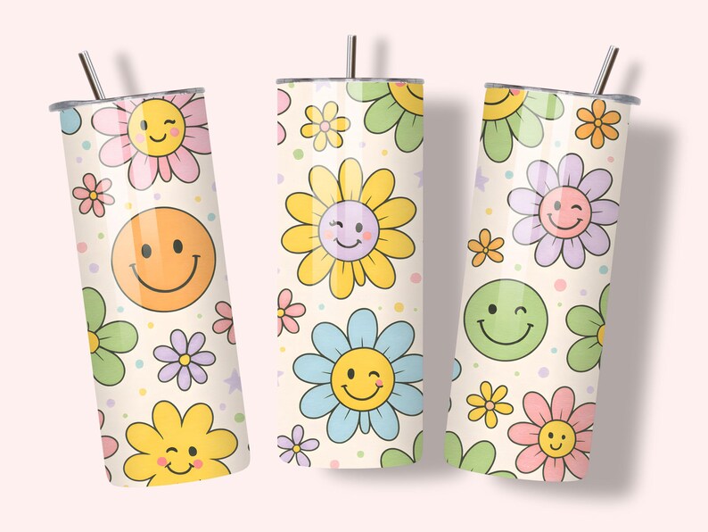 Retro Daisy Smiley Face Tumbler Wrap | 20oz Skinny Sublimation Design ...