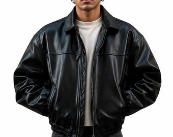 Chaqueta bomber de cuero negro estilo vintage de los 90 para hombre, de piel de oveja auténtica, estilo retro urbano, aviador, corte informal y ligero.