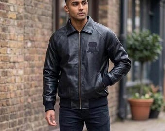 Chaqueta bomber de cuero Avirex vintage, abrigo de moto negro bordado, chaqueta de moda urbana Y2K para hombre, prenda de abrigo hip hop de primera calidad