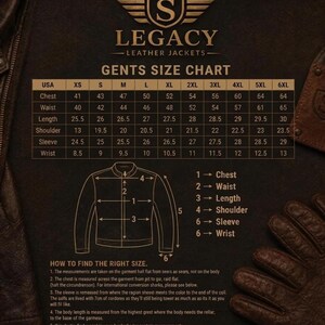 Op de afbeelding: Een maattabel voor donkerbruine leren jassen met het Legacy Leather Jackets logo, een raster met afmetingen in inches voor de maten XS tot 6XL, een lijntekening van een jas met genummerde referentiepunten en instructies voor het meten.