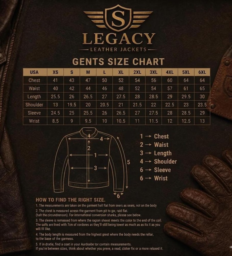 Op de afbeelding: Een maattabel voor donkerbruine leren jassen met het Legacy Leather Jackets logo, een raster met afmetingen in inches voor de maten XS tot 6XL, een lijntekening van een jas met genummerde referentiepunten en instructies voor het meten.