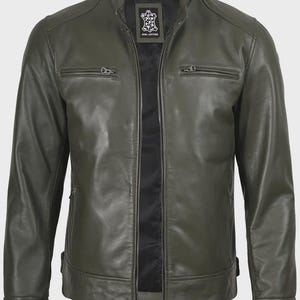 Men's Green Real Leather Biker Jacket – Casual Retro Outerwear