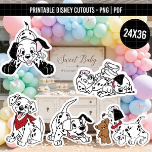 May include: Four white and black spotted Dalmatian puppy cutouts featuring various poses, including one wearing a red bandana and another holding a brown teddy bear. The text "PRINTABLE DISNEY CUTOUTS - PNG | PDF" and "24X36" is visible at the top.