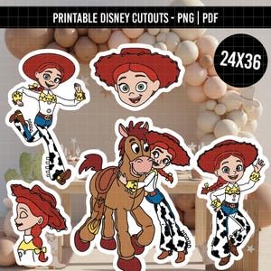 May include: A collection of printable digital cutouts featuring the character Jessie from Toy Story in various poses, including a headshot, a full-body running pose, a waving pose, and a scene with the horse Bullseye, labeled as 24x36 inches.