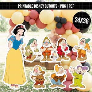 Può includere: Sagome Disney stampabili con Biancaneve e i sette nani. Il set include una grande figura di Biancaneve con un abito blu e giallo, insieme a sette distinti personaggi nani con abiti colorati. Il testo 24X36 è visibile.