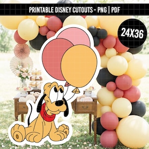 May include: A printable digital cutout featuring a cartoon dog with yellow fur, black ears, and a red collar, holding two balloons in pink and orange. The image includes text at the top reading PRINTABLE DISNEY CUTOUTS - PNG | PDF and 24X36.