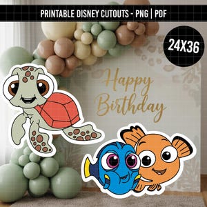 May include: Printable digital cutouts featuring a cartoon sea turtle with a red shell, a blue tang fish, and an orange clownfish. The graphics are displayed against a backdrop of beige and green balloons and a sign reading Happy Birthday.