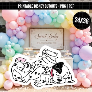 May include: A black and white line art illustration of two dalmatian puppies sleeping, positioned in front of a pastel balloon arch and a wooden sign that reads Sweet Baby WELCOME LITTLE ONE. The image includes a 24x36 label in the corner.