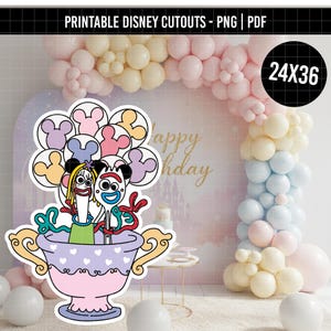 May include: A printable cutout featuring two cartoon characters inside a light purple teacup with gold handles. The characters are surrounded by a cluster of white balloons with Mickey Mouse silhouettes. The text 24X36 is visible in the corner.