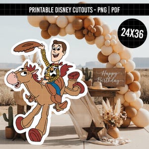 Op de afbeelding: Een printbare uitgesneden afbeelding van een cartoon cowboy op een bruin paard, die een bruine hoed in de lucht houdt. Het personage draagt een geel geruit overhemd, een blauwe broek en bruine laarzen. Het ontwerp is een digitaal bestand voor 24x36 inch prints.