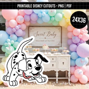 May include: A printable digital cutout of a cartoon dalmatian puppy with black spots, a white body, and a pink collar. The puppy is in a playful, crouching position with its tail raised. The image is presented against a background of pastel balloons.