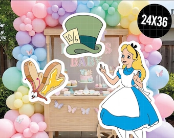 May include: A set of printable digital cutouts featuring a green Mad Hatter top hat with a 10/6 tag, a bread-and-butterfly creature, and a blonde character in a blue dress and white apron, presented against a backdrop of pastel-colored balloons.
