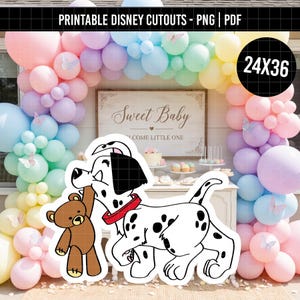 May include: A printable cutout featuring a cartoon Dalmatian puppy with a red collar holding a brown teddy bear in its mouth. The graphic is presented against a backdrop of a pastel balloon arch and a sign that reads Sweet Baby Welcome Little One.