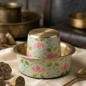 Pure Brass Filter Coffee Tea Dabara Set: Lotus and Kolam Design, South Indian Heritage Gifts Kitchenware Indian Coffee Chai