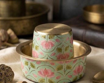 Unique Return Gifts: Pure Brass Coffee Tea Dabara Set with Lotus/Peacock/Kolam/Parrot Design (1 Cup + 1 Bowl)- Perfect Self Care Indulgence