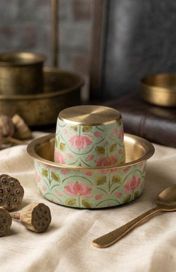 Pure Brass Filter Coffee Tea Dabara Set: Lotus and Kolam Design, South Indian Heritage Gifts Kitchenware Indian Coffee Chai