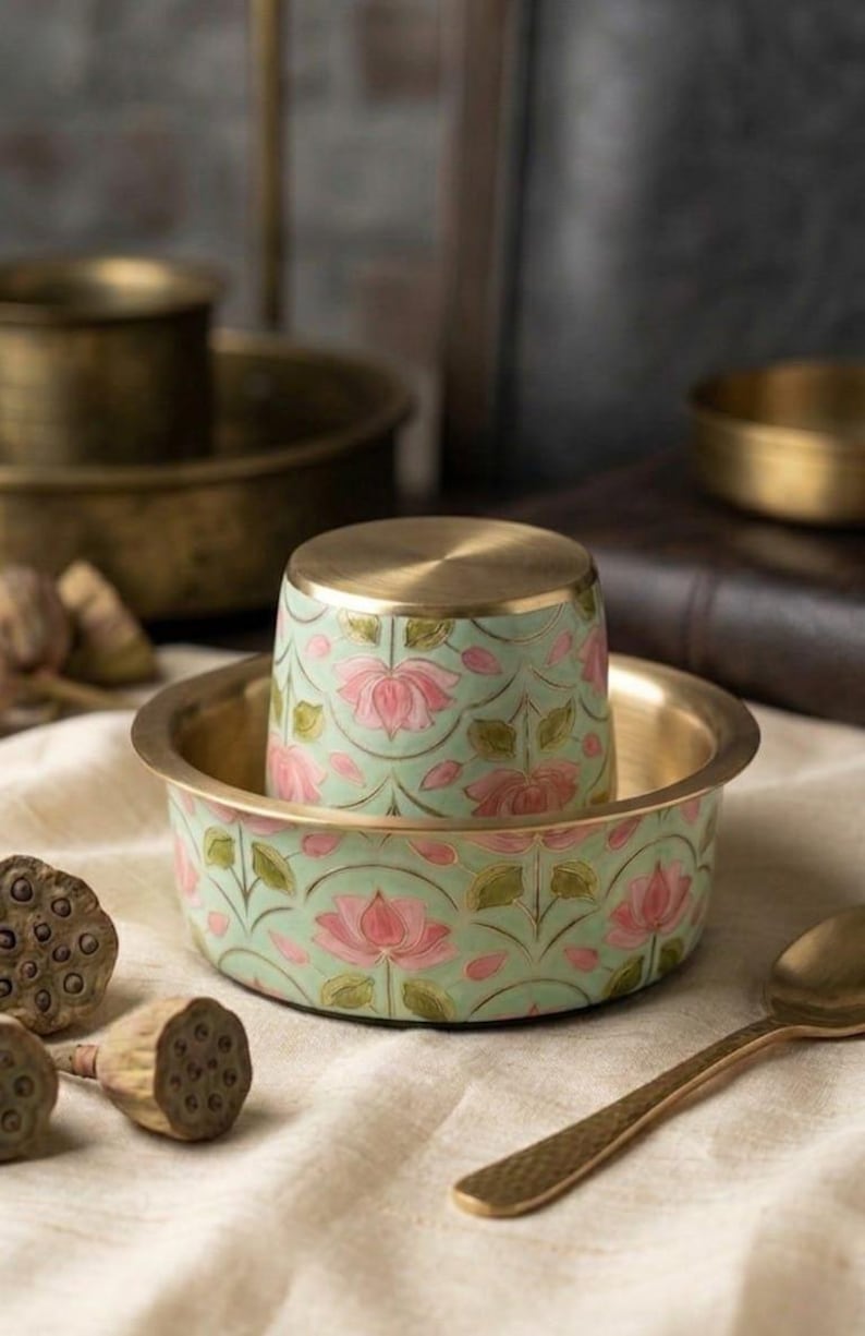 Pure Brass Filter Coffee Tea Dabara Set: Lotus and Kolam Design, South Indian Heritage Gifts Kitchenware Indian Coffee Chai image 1