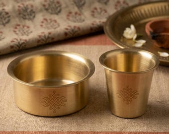 Pure Brass Coffee Tea Dabara Set: Kolam and Lotus Design, South Indian Ritual Beverage Cup Bowl Unique Gifts