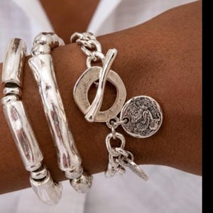 Set Braccialetti Impilabili in Lega di Metallo - Stile Etnico e Moderno -  3 Pezzi - Finitura Color Argento