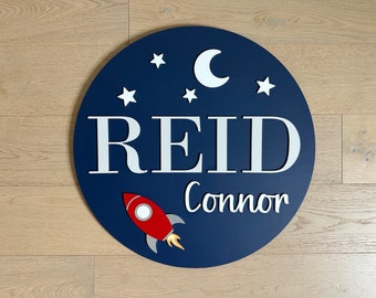 Wooden Name Sign: Space Nursery Decor, Stars and Moon