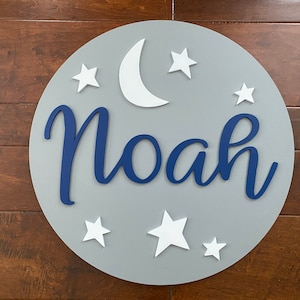 Round Wooden Nursery Name Sign: Stars & Moon Decor
