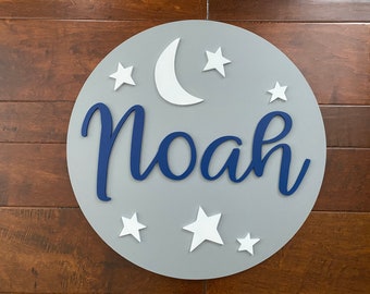 Round Wooden Nursery Name Sign: Stars & Moon Decor