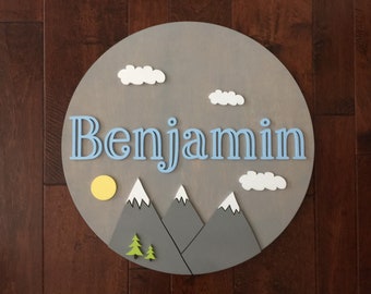 Nursery Name Sign Round Wooden Sign Baby Shower Gift Newborn Girl Boy Babies Home Decor Mountain Name Reveal