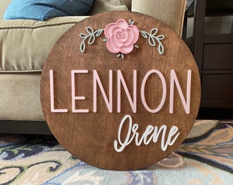Name Sign for Nursery Round Wood Sign with flowers for Baby Girl