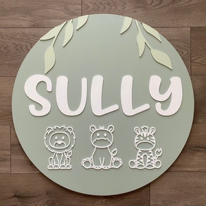 Safari Animal Nursery Name Sign: Round Wooden Wall Art