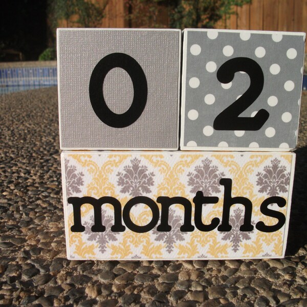 Age Blocks - Baby Photo Prop - Monthly Pictures - Wooden Number Blocks - Maternity Photo - Yellow Gray Damask