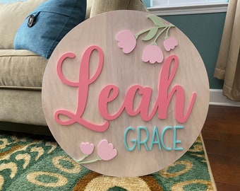 Wooden Name Sign for Nursery Round Sign Baby Shower Gift Nursery Decor Newborn Baby Girl Boy Custom Personalized Name Reveal