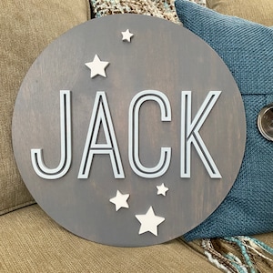 round wood nursery name sign, name sign for nursery, above crib sign, baby shower gift, name reveal, star and moon nursery