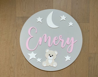 Wood Name Sign: Teddy Bear Nursery Decor, Round Wooden Sign