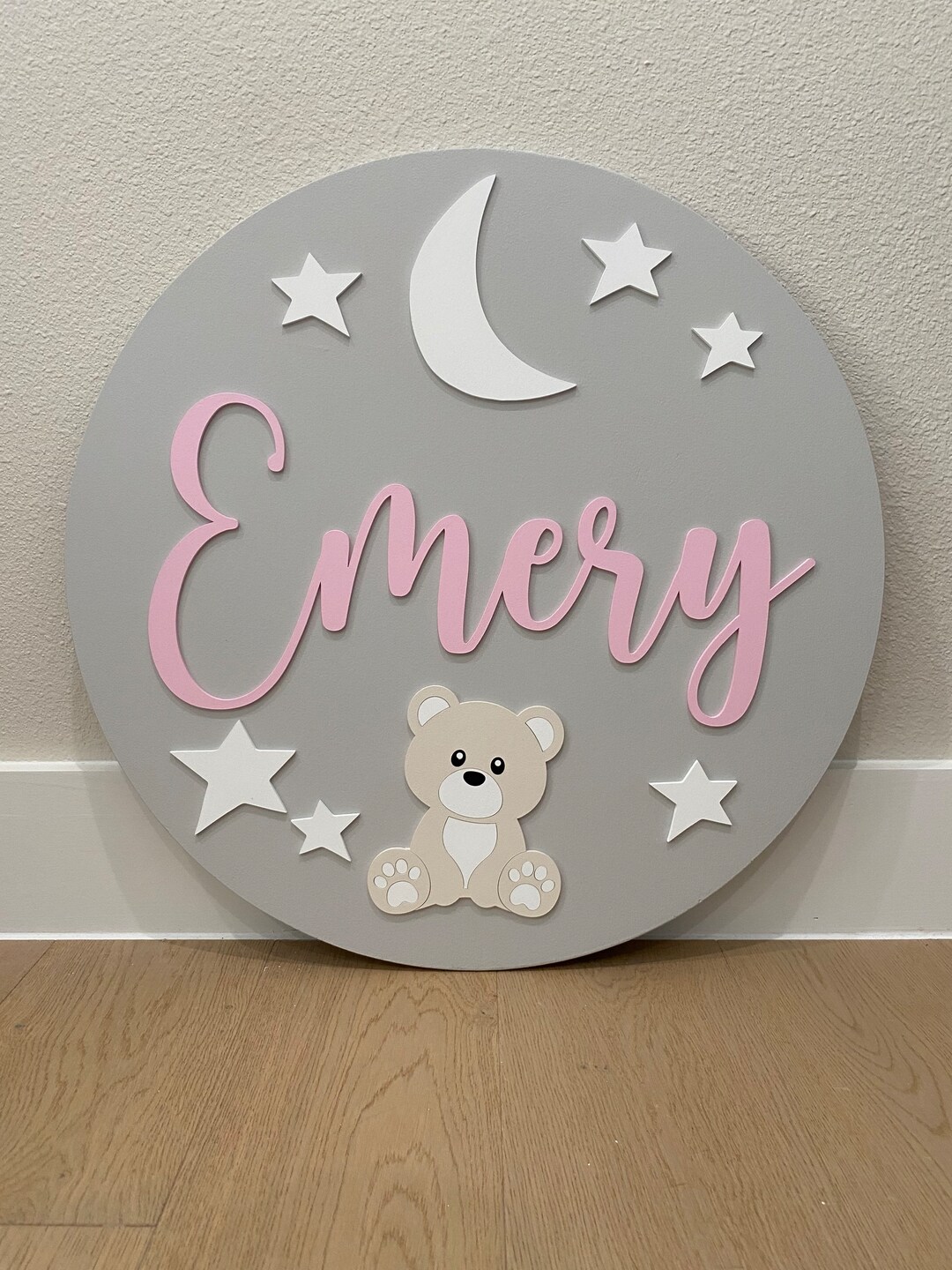 Round Wood Name Sign for Nursery Teddy Bear Sign for Baby Girl Etsy