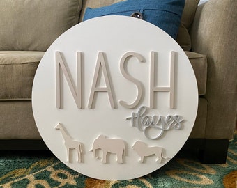 Nursery Name Sign, Wood Sign for Nursery, Round Wooden Sign for above Crib, Baby Boy, Baby Girl, Animal Nursery, Name Sign, Nursery Wall Art