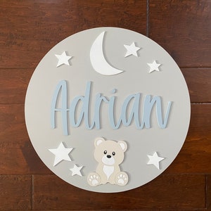 Nursery Name Sign - Wooden Sign - Name Sign Boy - Name Sign Girl - Nursery Sign - Star and Moon - Teddy Bear