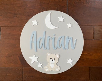 Wooden Nursery Name Sign: Teddy Bear, Moon & Stars Decor